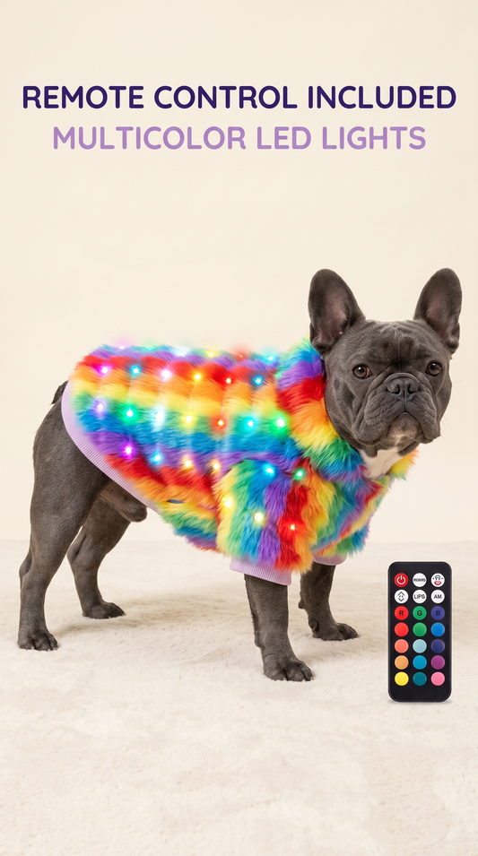 French bulldog wearing the GlowPup rainbow faux-fur LED coat, with the included remote control